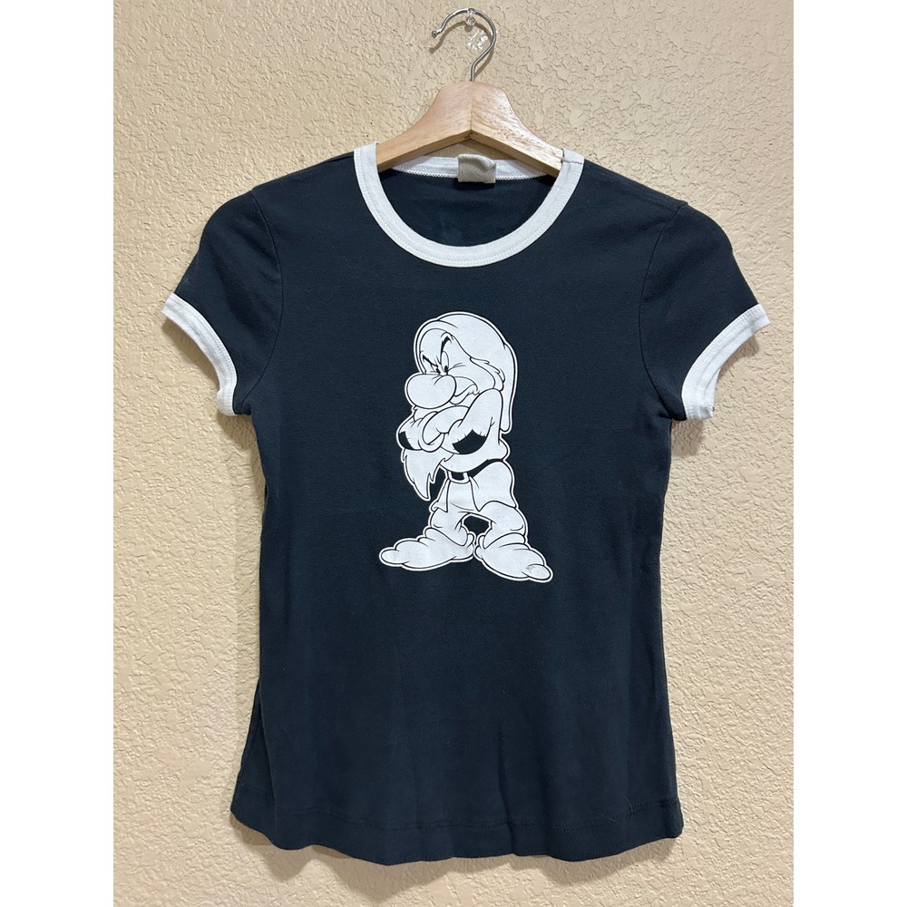 Disney S Vintage Grumpy Ringer Baby Tee Black White Y2K Snow White Graphic Shirt